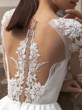 Long Sleeve A-Line Jewel Neck Sweep Brush Train Lace Satin Wedding Dresses with Pockets-27Dress