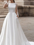 Long Sleeve A-Line Jewel Neck Sweep Brush Train Lace Satin Wedding Dresses with Pockets-27Dress