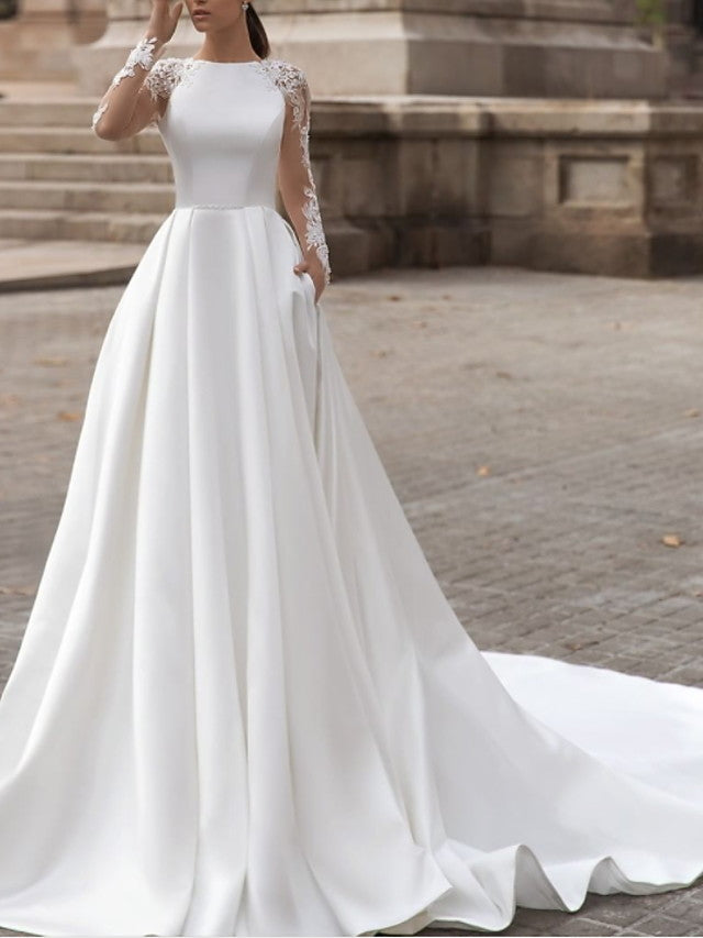 Long Sleeve A-Line Jewel Neck Sweep Brush Train Lace Satin Wedding Dresses with Pockets-27Dress