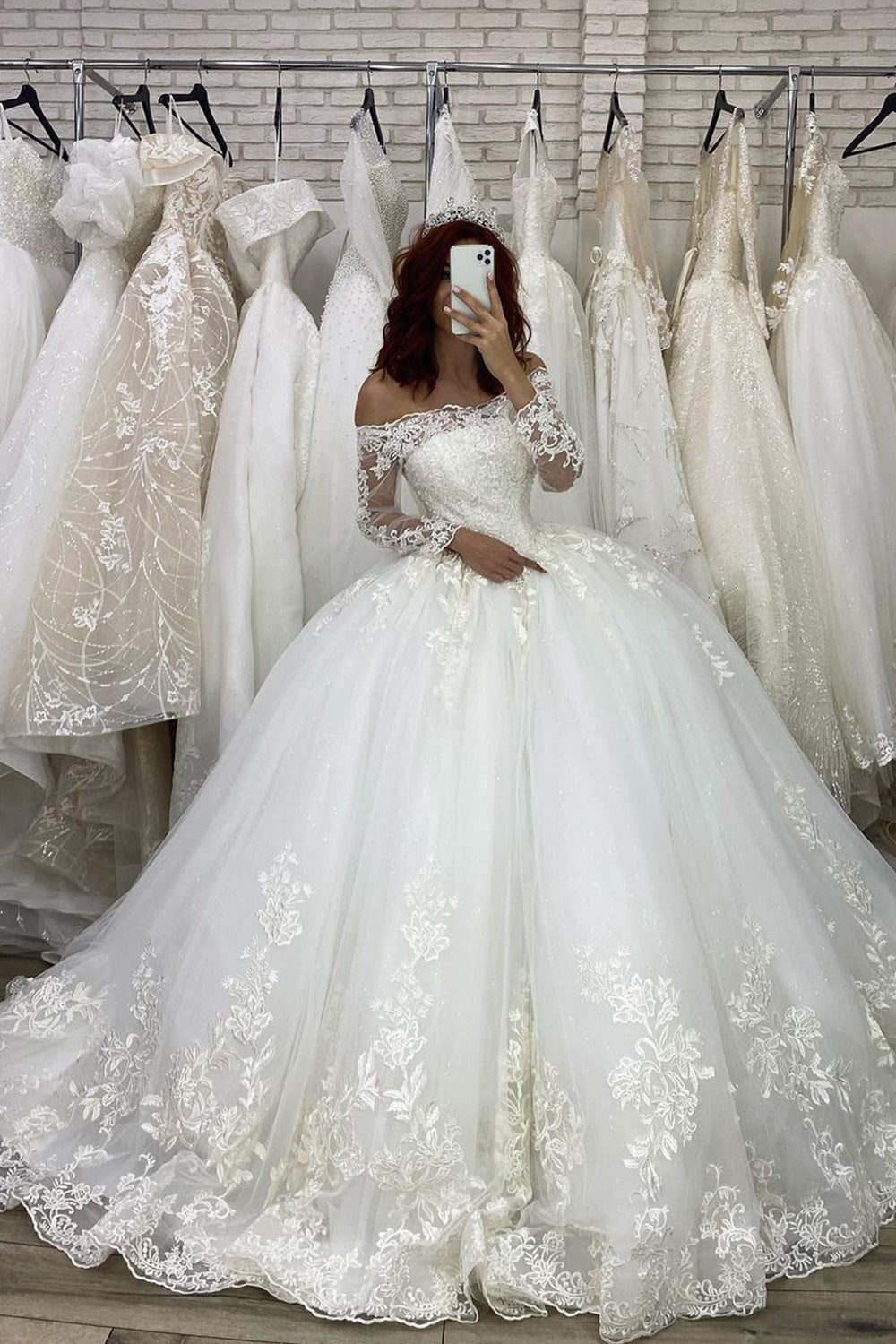 Long Sleeve Ball Gown Off The Shoulder Illusion Wedding Dress-27Dress