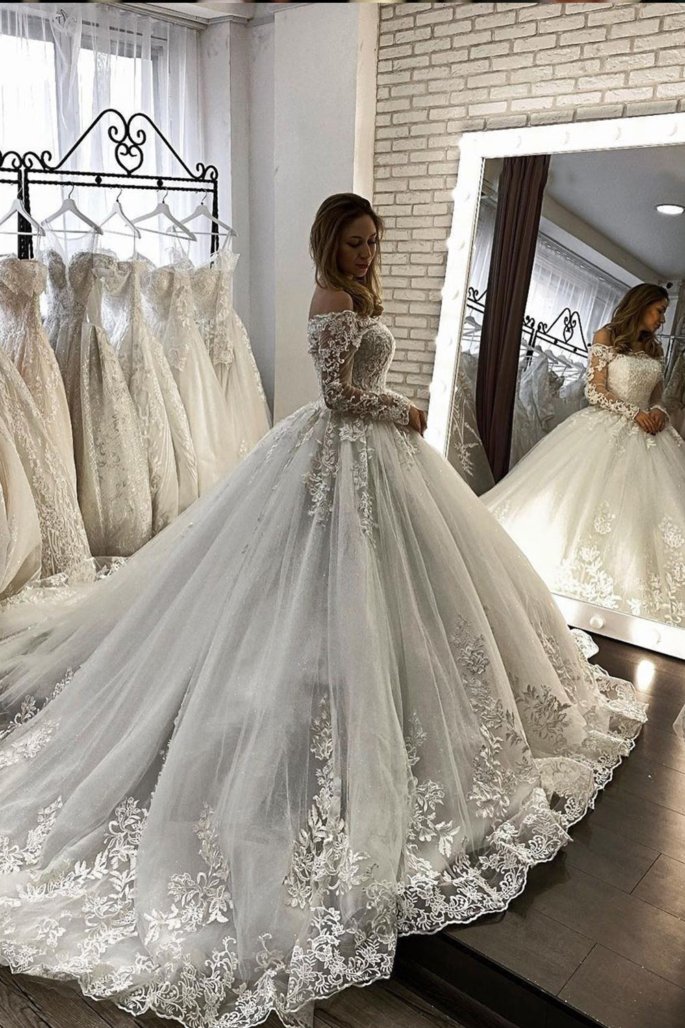 Long Sleeve Ball Gown Off The Shoulder Illusion Wedding Dress-27Dress