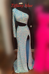 Long Sleeve Cut Out Sequined Long Prom Dress