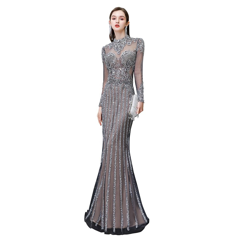 Long Sleeve Mermaid Sequins High-Neck Evening Gowns-27dress