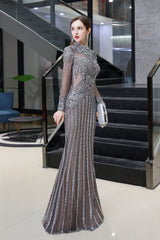 Long Sleeve Mermaid Sequins High-Neck Evening Gowns-27dress