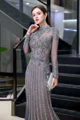 Long Sleeve Mermaid Sequins High-Neck Evening Gowns-27dress