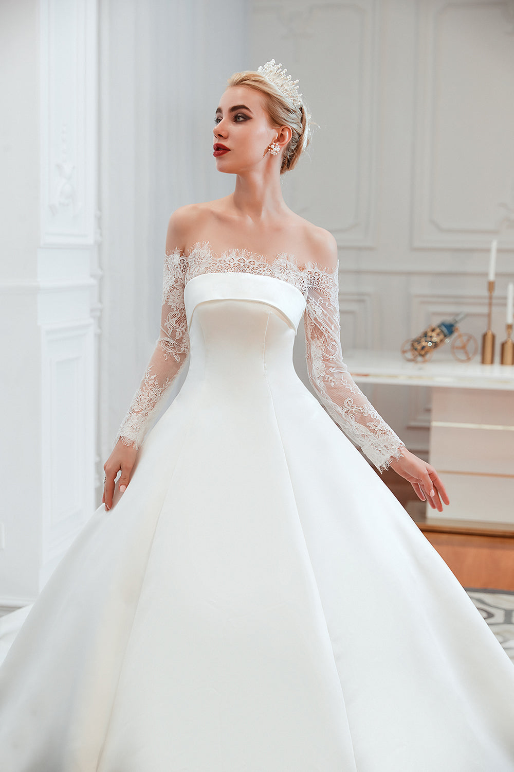 Long Sleeve Off-the-Shoulder Satin Wedding Dress With Lace-27dress