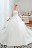 Long Sleeve Off-the-Shoulder Satin Wedding Dress With Lace-27dress