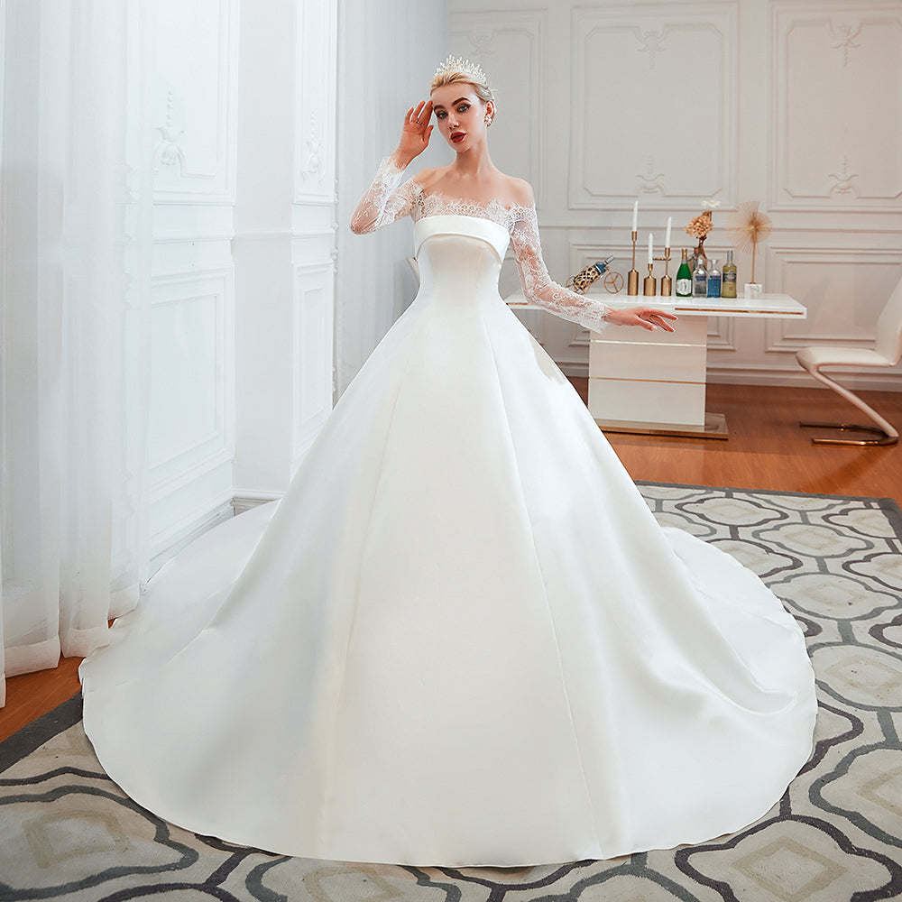 Long Sleeve Off-the-Shoulder Satin Wedding Dress With Lace-27dress