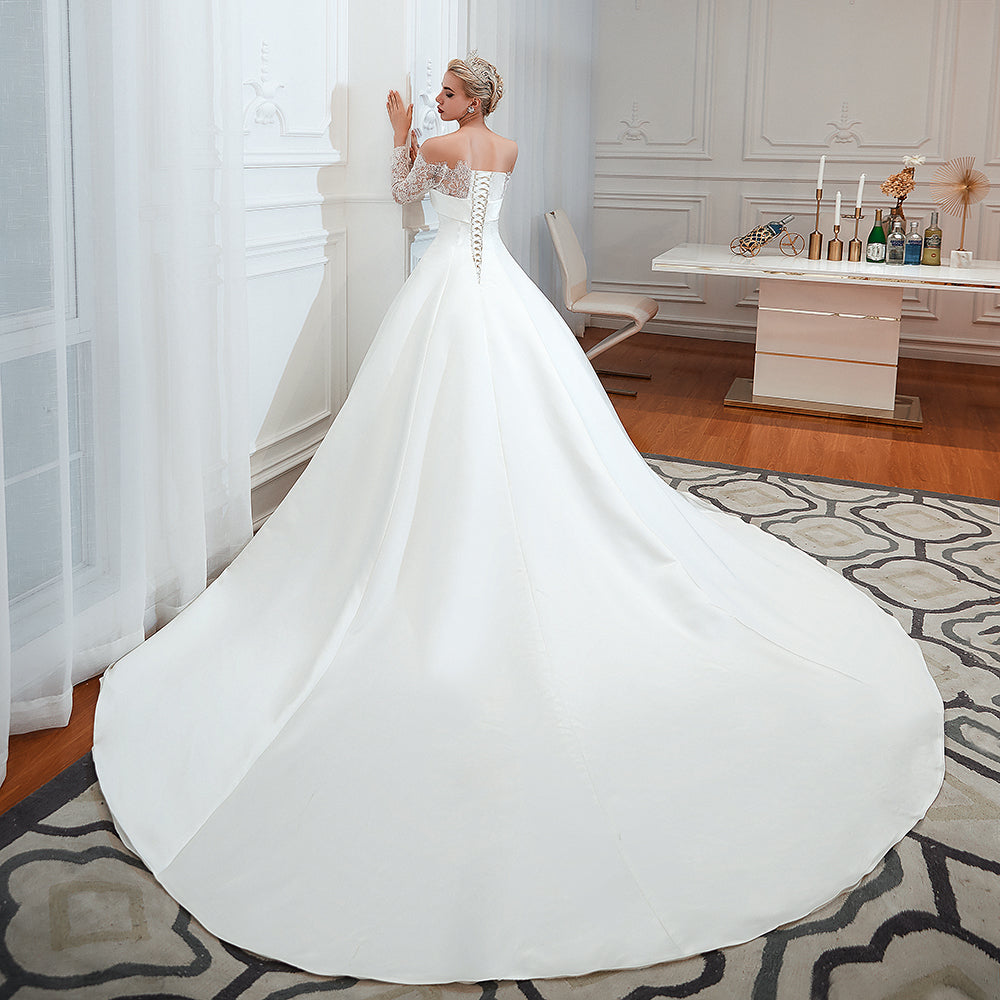 Long Sleeve Off-the-Shoulder Satin Wedding Dress With Lace-27dress