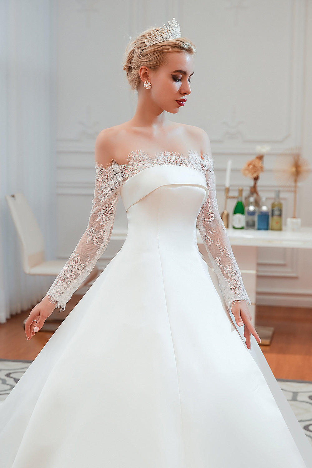 Long Sleeve Off-the-Shoulder Satin Wedding Dress With Lace-27dress