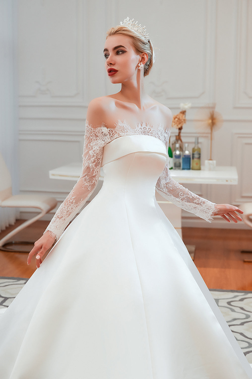 Long Sleeve Off-the-Shoulder Satin Wedding Dress With Lace-27dress