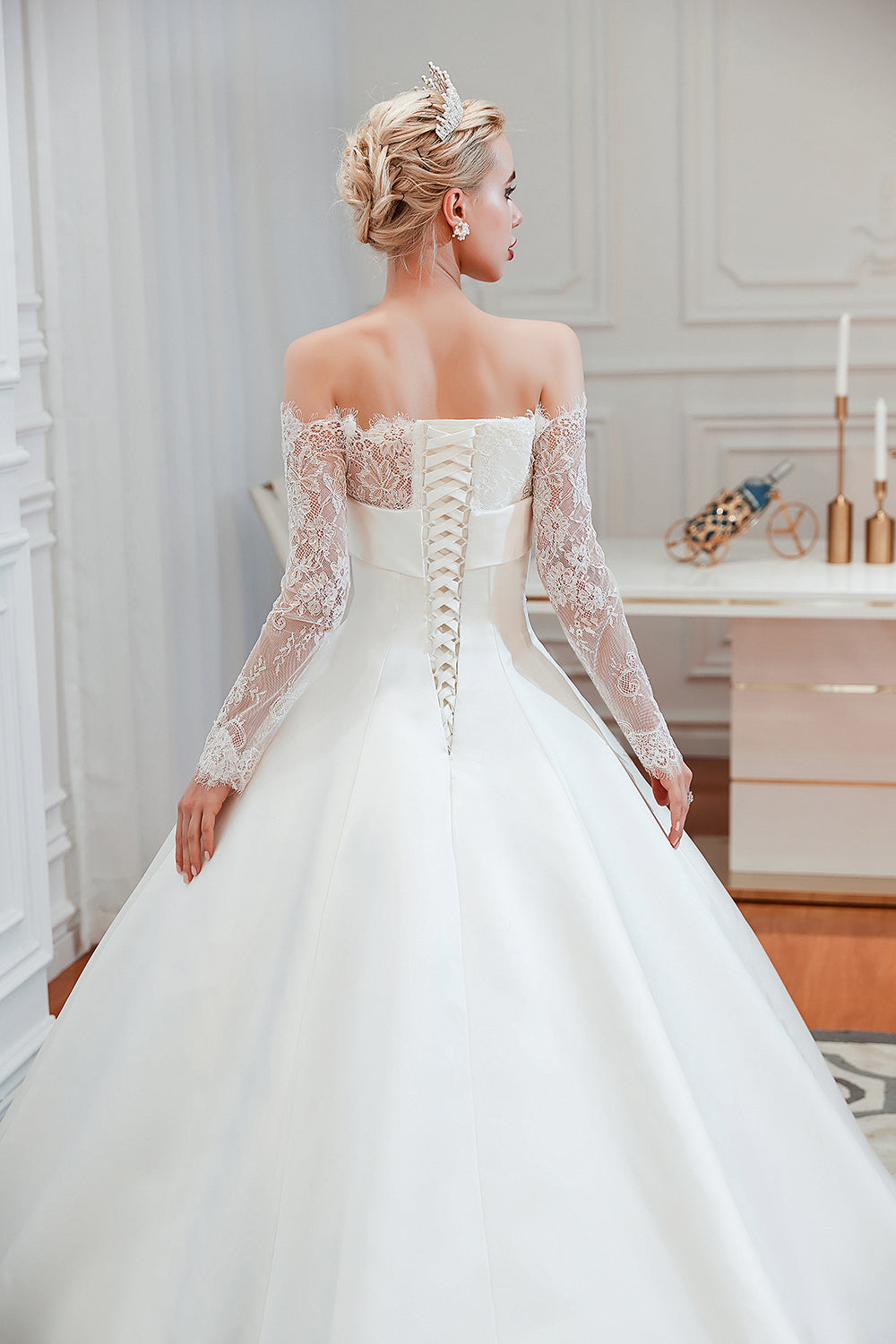 Long Sleeve Off-the-Shoulder Satin Wedding Dress With Lace-27dress