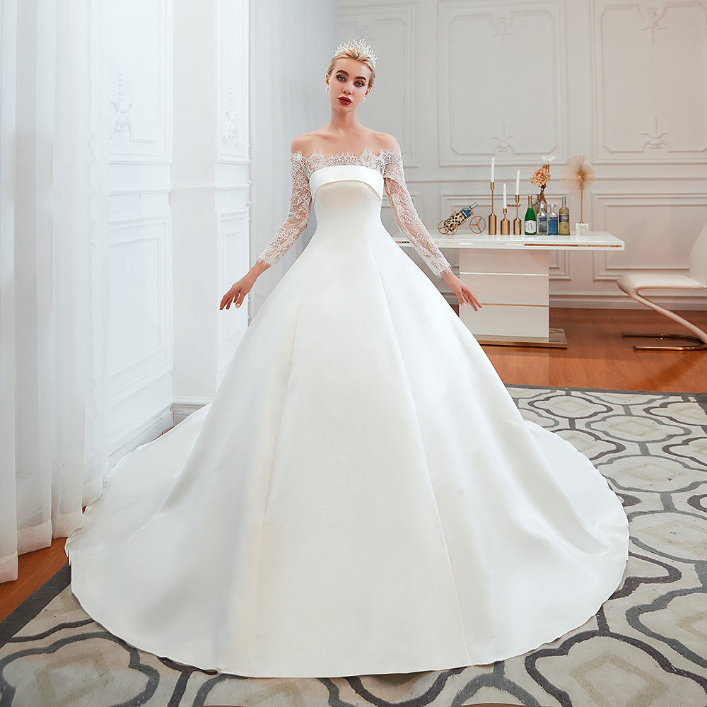 Long Sleeve Off-the-Shoulder Satin Wedding Dress With Lace-27dress