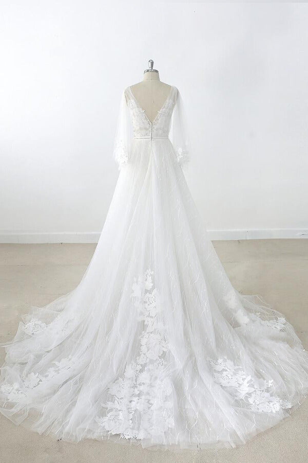 Long Sleeve V-neck Appliques Tulle Wedding Dress On Sale-27dress