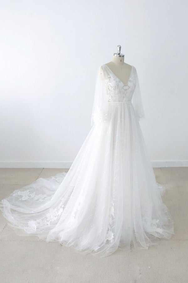 Long Sleeve V-neck Appliques Tulle Wedding Dress On Sale-27dress