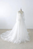 Long Sleeve V-neck Appliques Tulle Wedding Dress On Sale-27dress