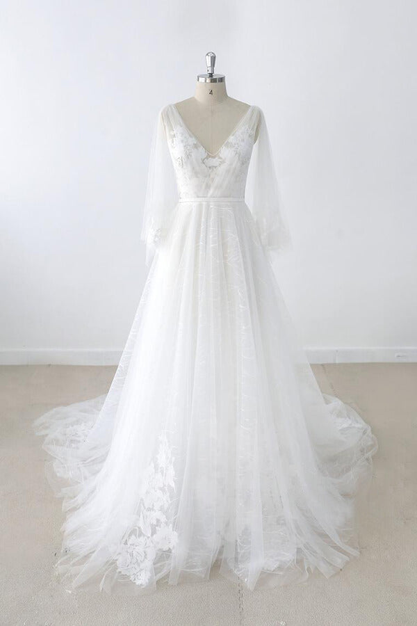 Long Sleeve V-neck Appliques Tulle Wedding Dress On Sale-27dress