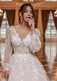 Long Sleeves A-line V-Neck Tulle Backless Wedding Dress With Lace Appliques