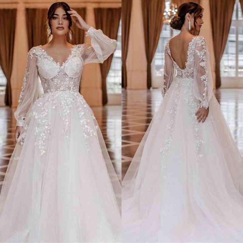 Long Sleeve Wedding Dress V-Neck With Lace Appliques-27dress