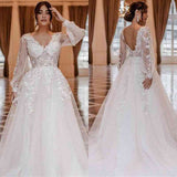 Long Sleeve Wedding Dress V-Neck With Lace Appliques-27dress