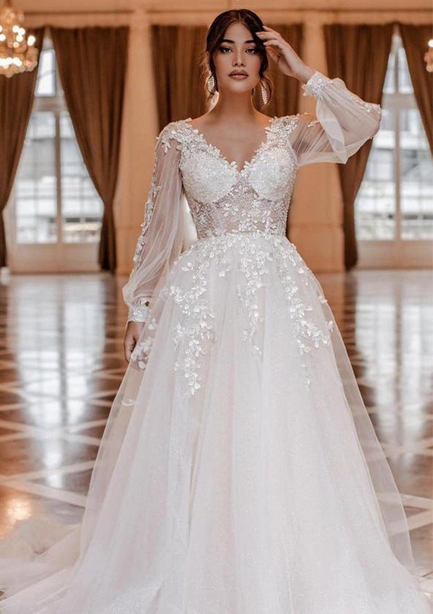 Long Sleeves A-line V-Neck Tulle Backless Wedding Dress With Lace Appliques