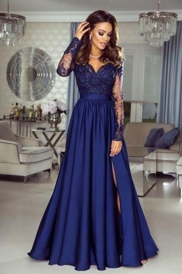 Long Sleeves A-line Sweetheart Lace Prom Dress with Slit-27Dress