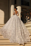 Long Sleeves Ball Gown Wedding Dress Lace Appliques V-Neck-27dress