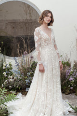 Long Sleeves Beach Lace Wedding Dress Boho Bridal Wear-27dress