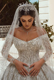 Long Sleeves Crystal Wedding Dress Ball Gown Off-the-Shoulder-27dress