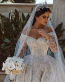 Long Sleeves Crystal Wedding Dress Ball Gown Off-the-Shoulder-27dress