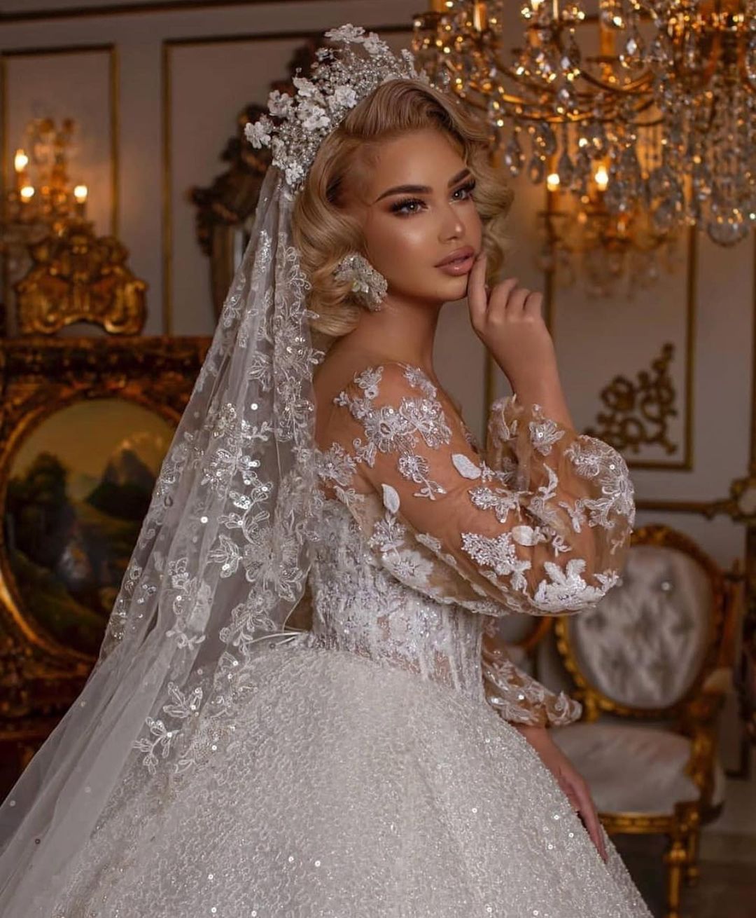 Long Sleeves Lace Ball Gown Wedding Dress Bubble Sleeves – 27dress