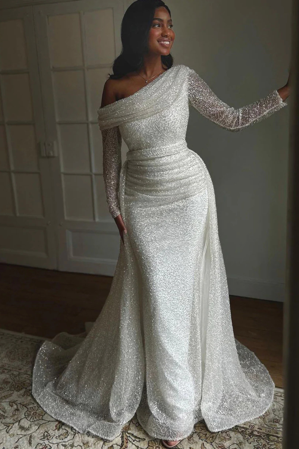 Long Sleeves Mermaid One Shoulder Sequined Wedding Dress with Train-27dress