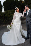 Long Sleeves Overskirt Wedding Dress Mermaid High Neck Lace-27dress