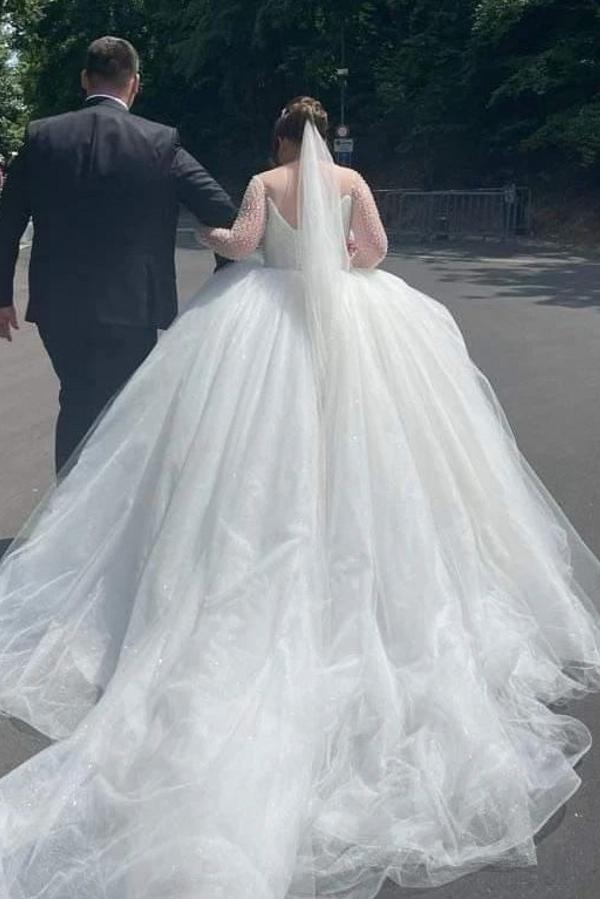 Long Sleeves Plus Size Wedding Dress Ball Gown With Beads-27dress