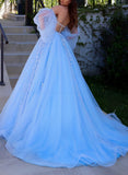 Long Sleeves Sweetheart Ball-Gown Prom Dress with Tulle Sweep Train and Appliques Lace-27dress