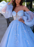 Long Sleeves Sweetheart Ball-Gown Prom Dress with Tulle Sweep Train and Appliques Lace-27dress