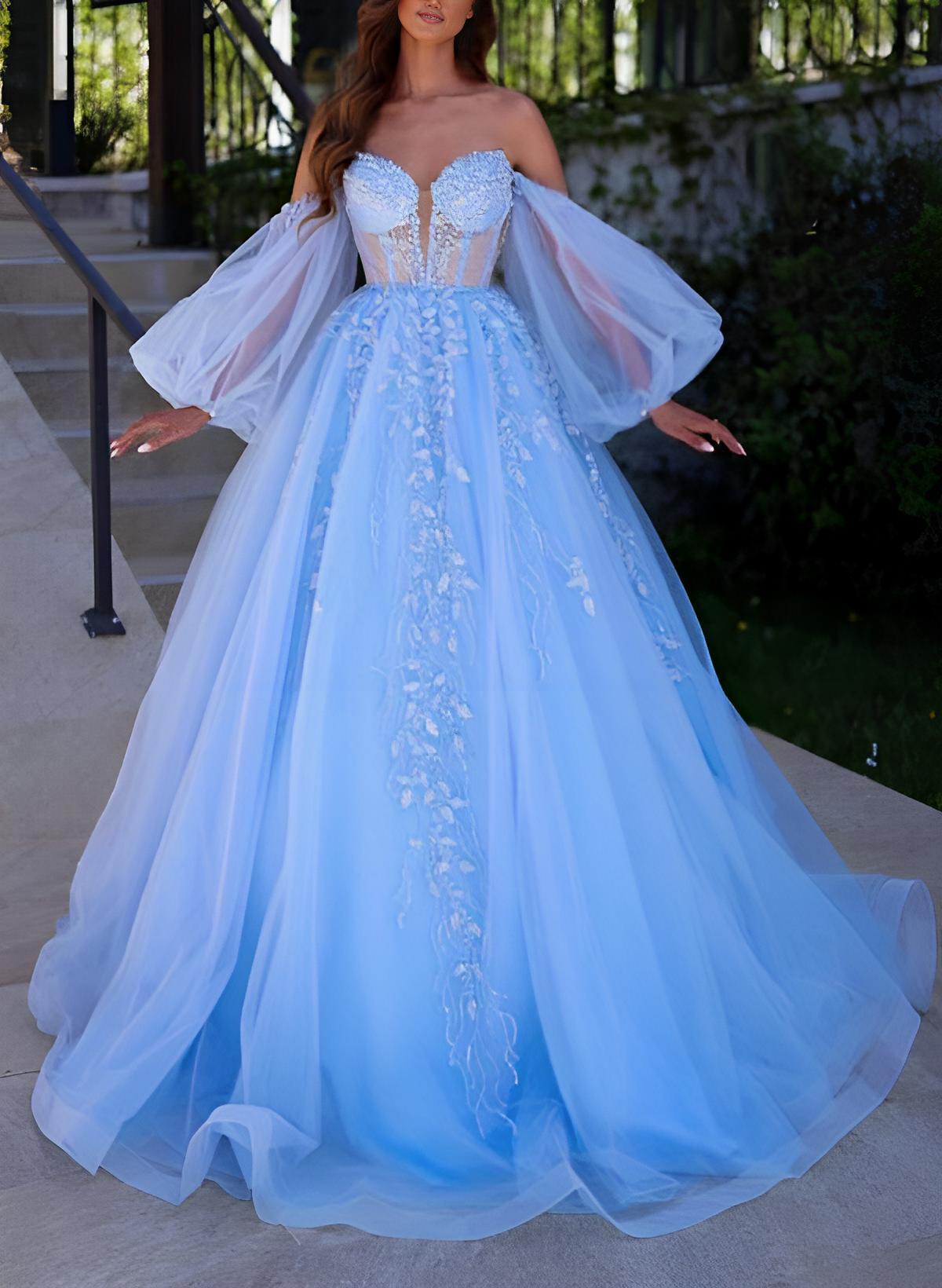 Long Sleeves Sweetheart Ball-Gown Prom Dress with Tulle Sweep Train and Appliques Lace-27dress