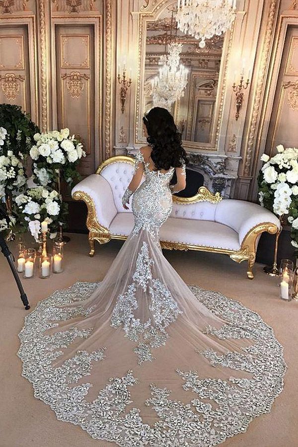 Long Sleeves Tulle High Neck Appliques Lace Wedding Dresses with Detachable Overskirt-27Dress