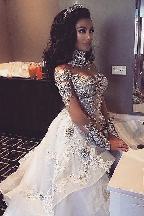 Long Sleeves Tulle High Neck Appliques Lace Wedding Dresses with Detachable Overskirt-27Dress