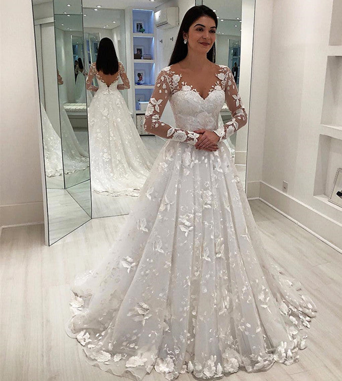 Long Sleeves Wedding Dress With Lace Appliques Princess Bridal Gowns-27dress