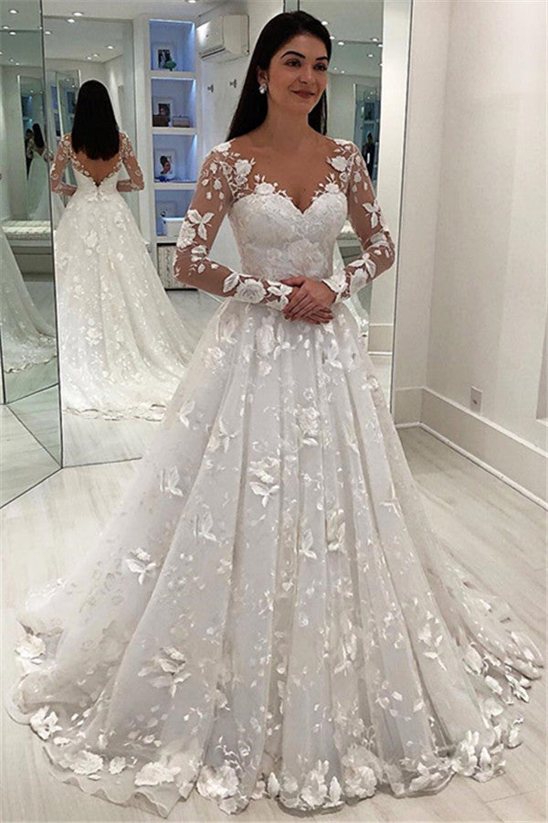 Long Sleeves Wedding Dress With Lace Appliques Princess Bridal Gowns-27dress