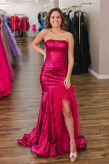 Long Strapless Red Prom Dress with Feather Slit