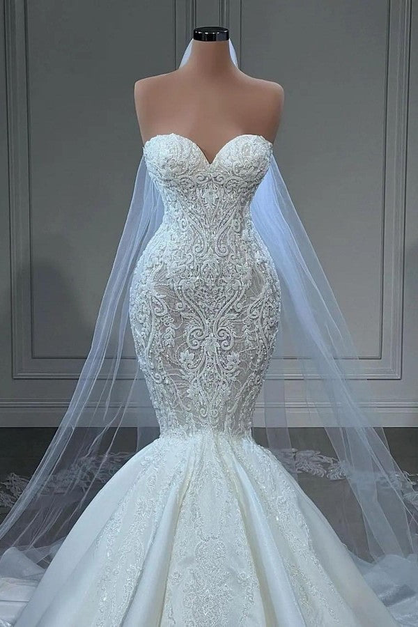 Long Sweetheart Mermaid Wedding Dress With Appliques Beads-27dress