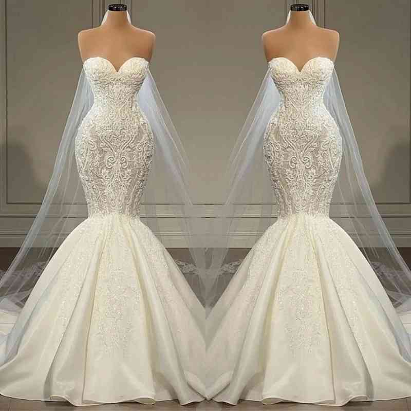 Long Sweetheart Mermaid Wedding Dress With Appliques Beads-27dress