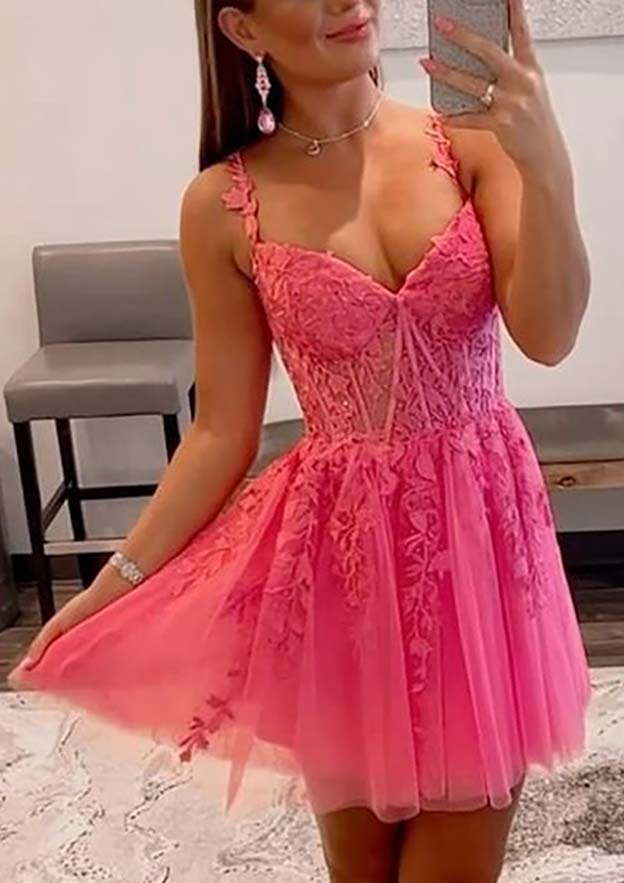 Look Elegant in A-line V Neck Sleeveless Short/Mini Tulle Homecoming Dress with Appliqued Beading - 27Dress