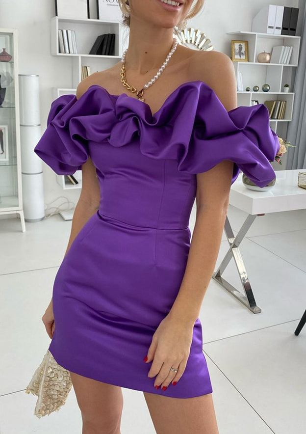 Look Fabulous in Sheath/Column Off-the-Shoulder Sleeveless Satin Homecoming Dress With Ruffles-27dress