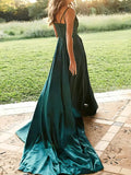 Look Stunning in A-line Sweep Train V-neck Satin Prom Dress