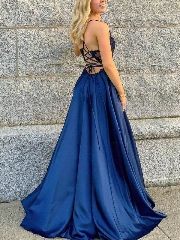 Look Stunning in V-neck Satin Beading Prom Dresses with Princess Sweep Train