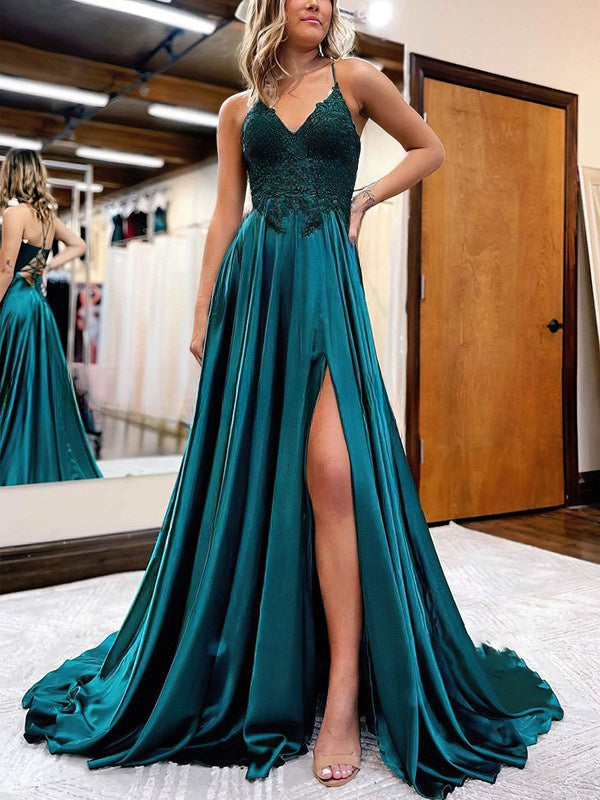 Look Stunning in V-neck Satin Beading Prom Dresses with Princess Sweep Train