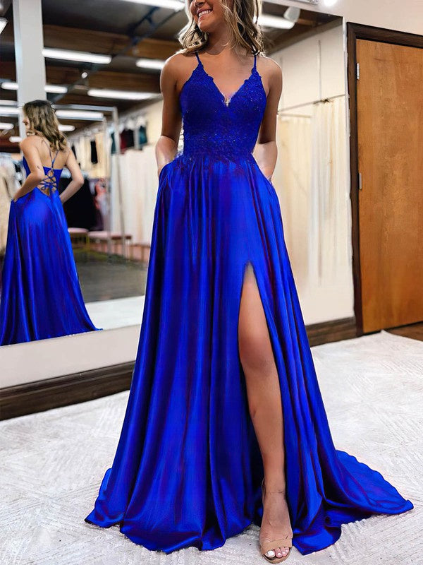 Look Stunning in V-neck Satin Beading Prom Dresses with Princess Sweep Train